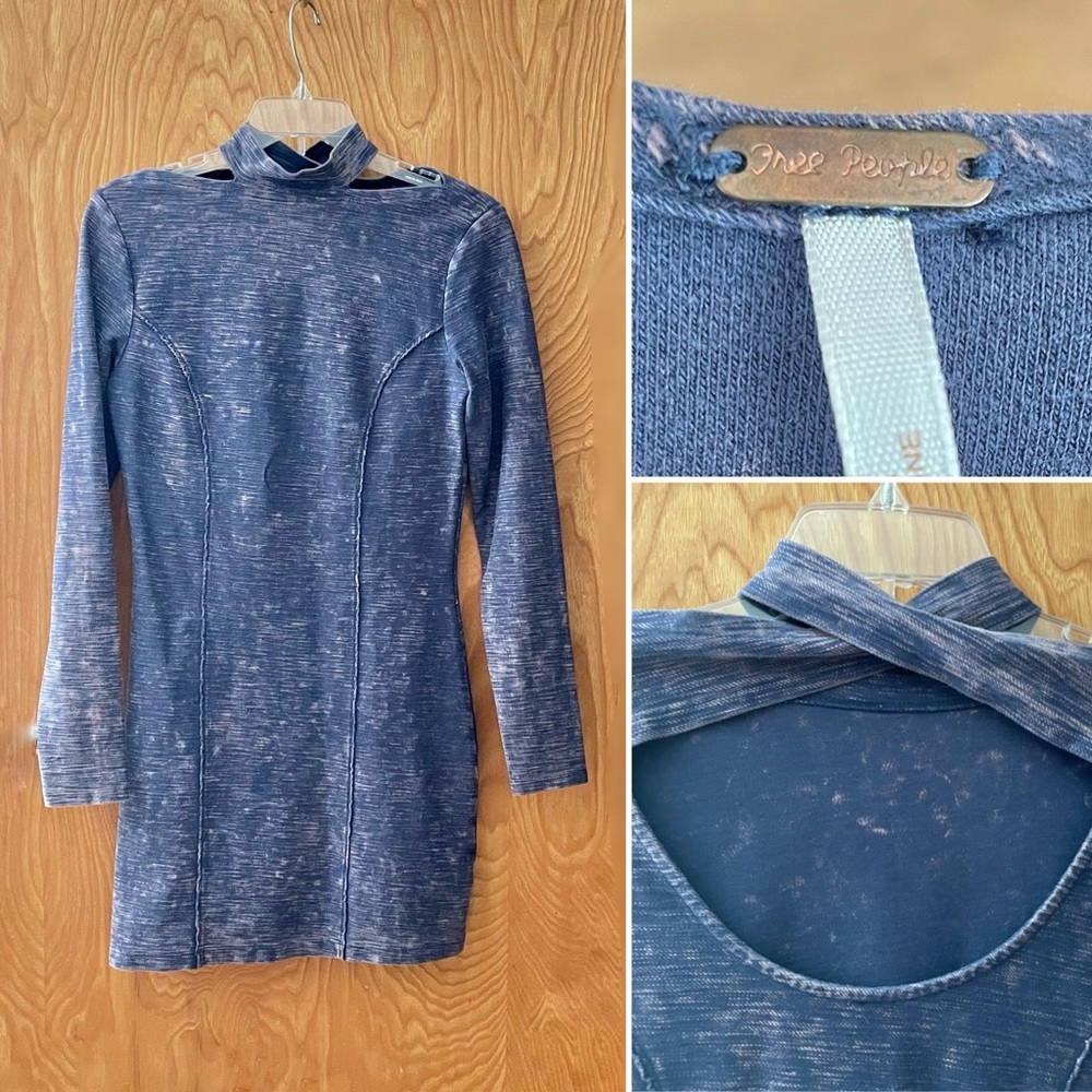 Free People mini dress long sleeves cut out back, indigo, size small